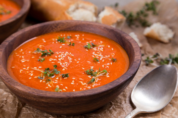 tomatos soup puree on crushed brown paper