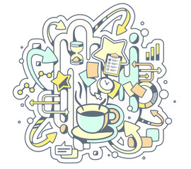 Vector color illustration of coffe break and office work on ligh
