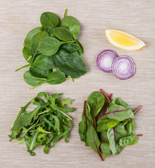 ingredients for fresh salad from leafs of beet, spinach