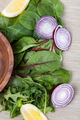 ingredients for fresh salad from leafs of beet, spinach