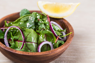 fresh salad from leafs of beet, spinach