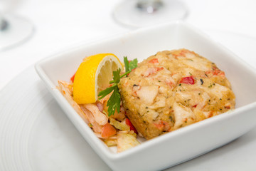 Crab Cake and Lemon Wedge