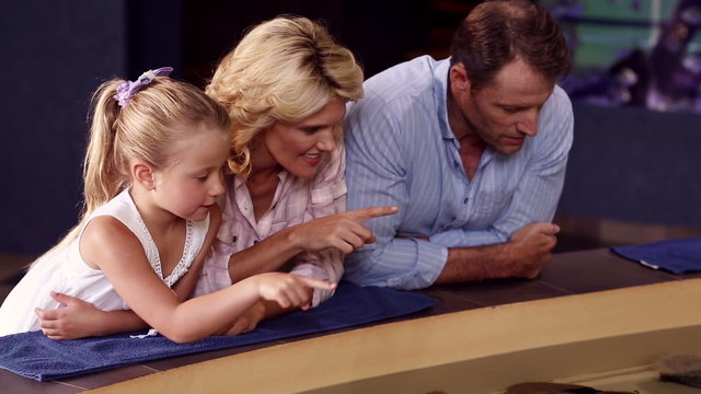 Happy family looking at fish in the tank
