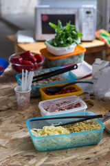 intermediates ingredients in box for cooking foods on table