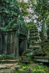 a temple or prasat of laterite with bas-reliefs in ruins in the archaeological ta prohm place in siam reap, cambodia