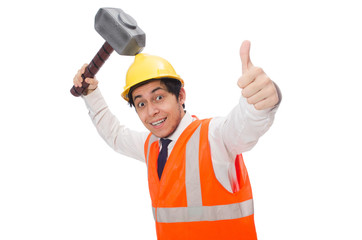 Construction worker with hammer isolated on white