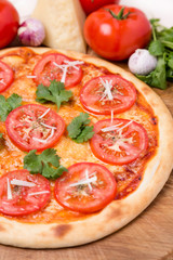 hot pizza with garnish and components