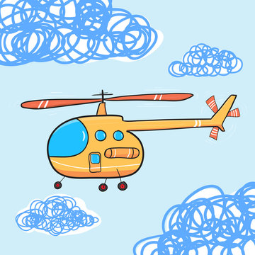 Helicopter in the cloud sky. Vintage Cartoon helicopter. Vector