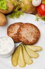 meat cutlets with sauce and garnish on white plate