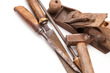 old metal work hand tools with rust on white