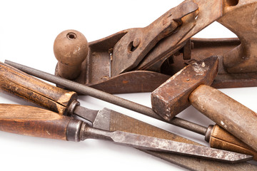 old metal work hand tools with rust on white