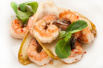 close-up hot dish roaster shrimp with vegetables