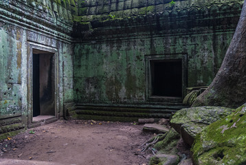 patio of a temple in ruins with tree "spung" inside the archaeological ta prohm place in siam reap, cambodia