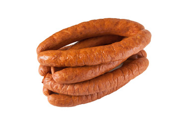 pile meat flavour sausages on white
