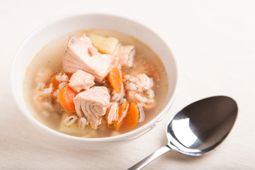 fish soup with salmon and orge perlé