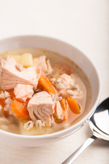 fish soup with salmon and orge perlé