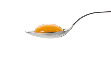 Raw egg yolk on a spoon isolated on white