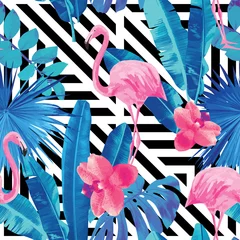 Tapeten Flamingo Flamingo- und Orchideenmuster, geometrischer Hintergrund