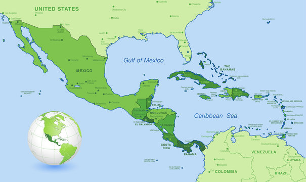 High Detail Central america Green vector Map Set