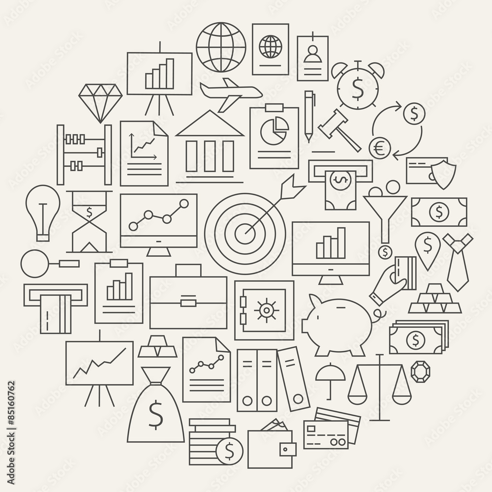 Poster finance business money line icons set circular shaped