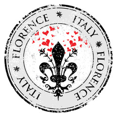 Love heart to The fleur de lis of Florence, travel destination grunge rubber stamp with symbol of Florence, Italy inside, vector illustration © valarti