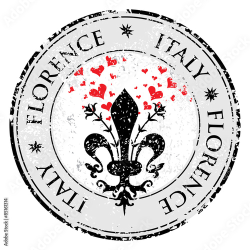 "Love heart to The fleur de lis of Florence, travel destination grunge rubber stamp with symbol