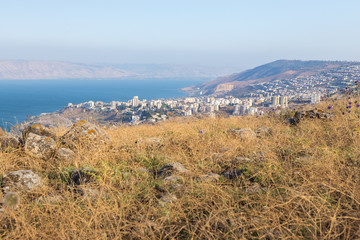 Fototapeta na wymiar Tiberias city town and Kineret sea view.