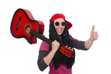 Woman guitar player isolated on white