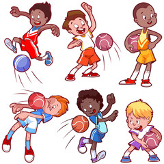 Cartoon boys playing dodgeball. 