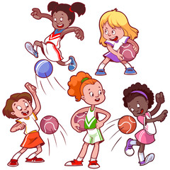 Cartoon girls playing dodgeball.