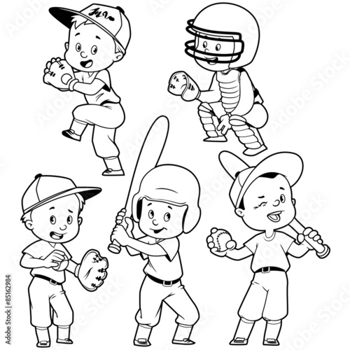 "Cartoon kids playing baseball. Outline" Stock image and royalty-free ...