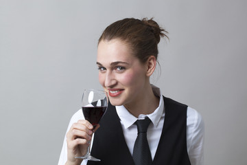 Beautiful young woman wearing uniform of wine waitress happy to taste a glass of red wine