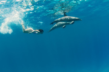 Fototapeta na wymiar a pair of dolphins playing with beautiful girl underwater