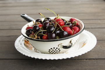 Plate with strawberries and sweet cherries