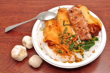 Vietnamese Vermicelli with grilled pork or Bun Thit Nuong on a white background