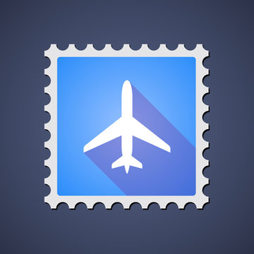 Blue mail stamp icon with a plane