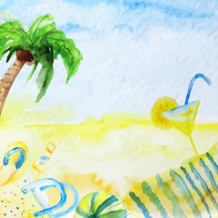 Vector watercolor summer poster  on beach background with palm tree, coctail, cover and ball.