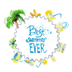 Vector watercolor summer poster with lettering on beach background with palm tree, coctail, cover, sandal, ball.