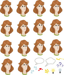 Cartoon caucasian female faces with emotional expressions 