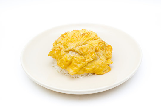 Thai omelet with jasmine rice on dash isolated.