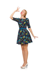 Naklejka premium Woman in dark blue floral dress isolated on white