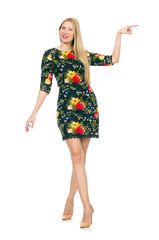 Fototapeta premium Woman in dark green floral dress isolated on white