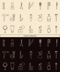 Care&Beauty linear icons for barber shop or beauty salon. Vector illustration