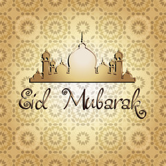 Illustration of Eid Mubarak background with mosque. CONTAINS Seamless pattern on background.