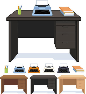 Wood desk with typewriter set of illustrations