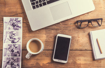 Desktop mix on a wooden office table.