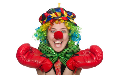 Female clown with box gloves  isolated on white