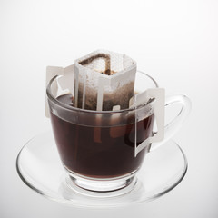 Instant freshly brewed coffee on white background