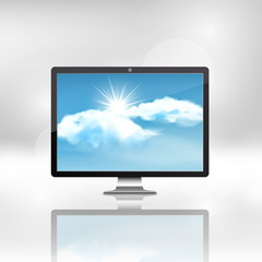 display with blue sky and clouds, vector illustration,