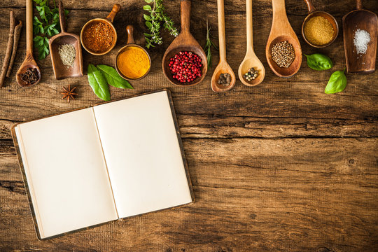 Blank cookbook and spices
